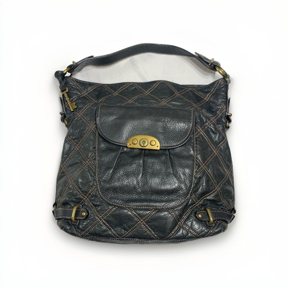 Fossil Maya Quilted Black Leather Shoulder Bag Decorative Brass Hardware Key